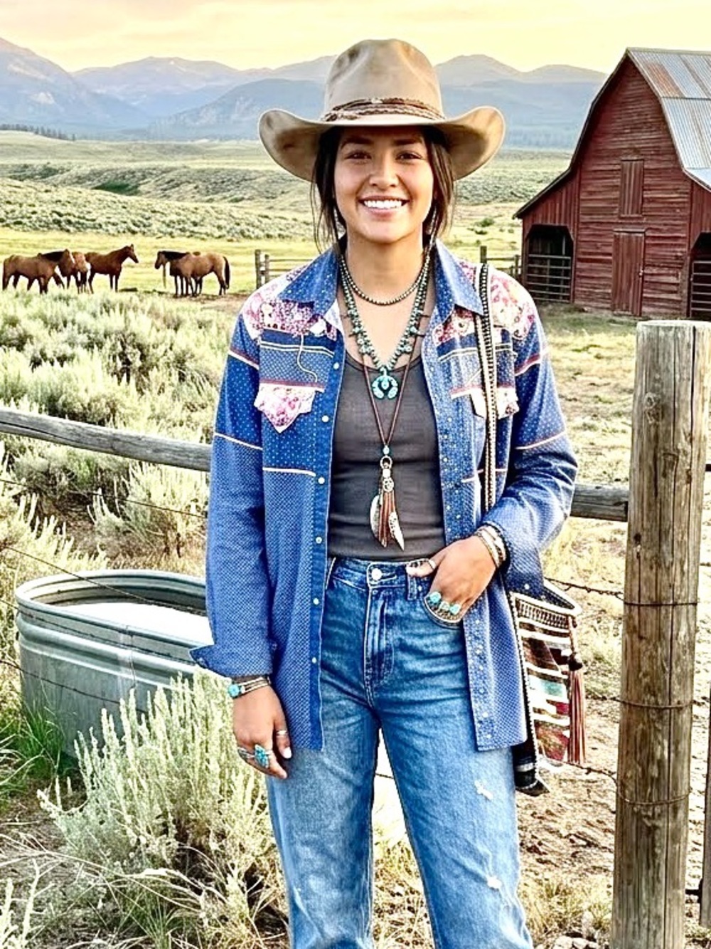 Southwestern Shirt  - Blue with Pink Embroidery